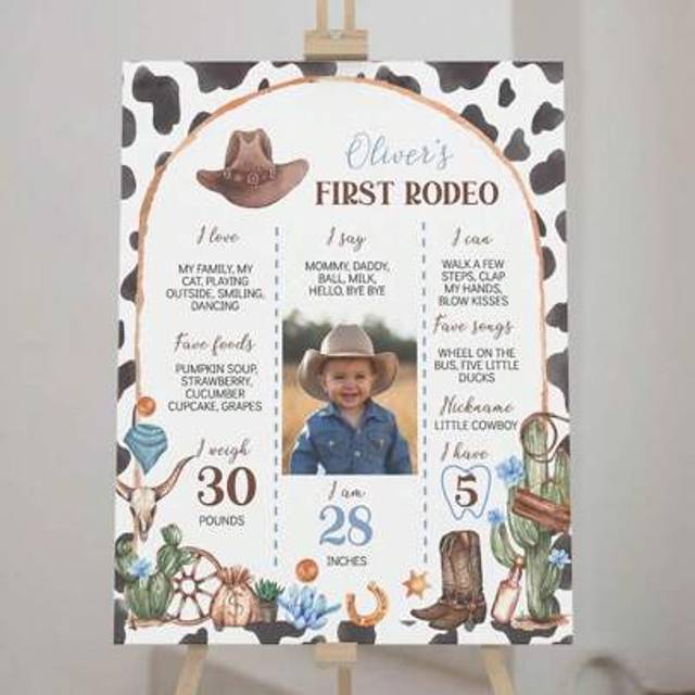 SHEIN Custom Prints Canvas Poster,First Rodeo Milestone Board, Country Western Cowboy 1st Birthday Photo Milestone Poster,Cowboy Birthday Milestone Poster,H