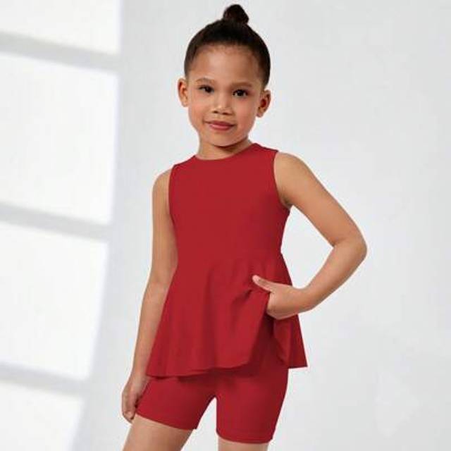 SHEIN 2pcs/Set Young Girls Solid Color Cute Casual Short Sleeve Dress + Leggings Set, Suitable For Daily Wear, Festivals, And Vacations