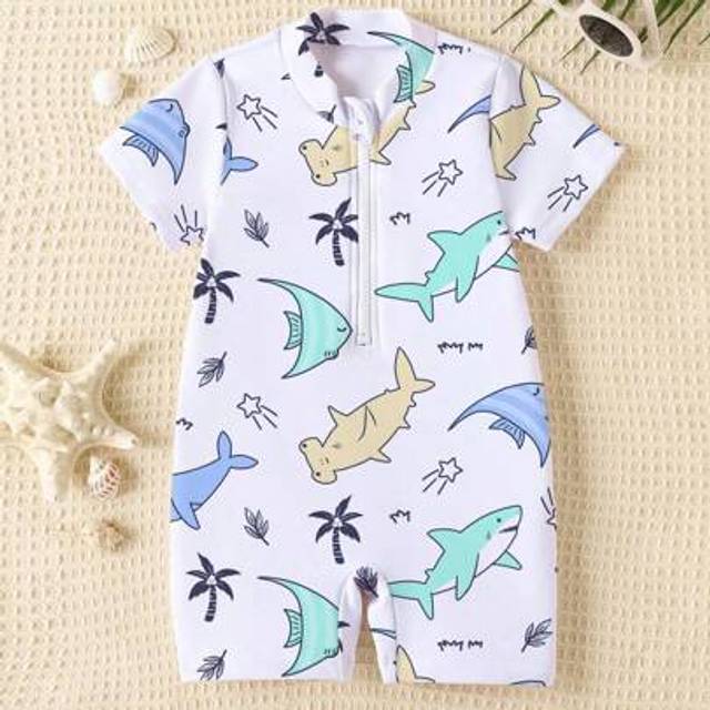 SHEIN Baby Boy Casual Minimalist Shark Graphic Crew Neck Short Sleeve Swimsuit, Comfortable For Summer