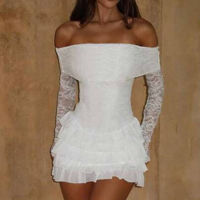 SHEIN Women Summer Mini Lace Dress Long Sleeve Off Shoulder Tiered Hem Tube Top Dress