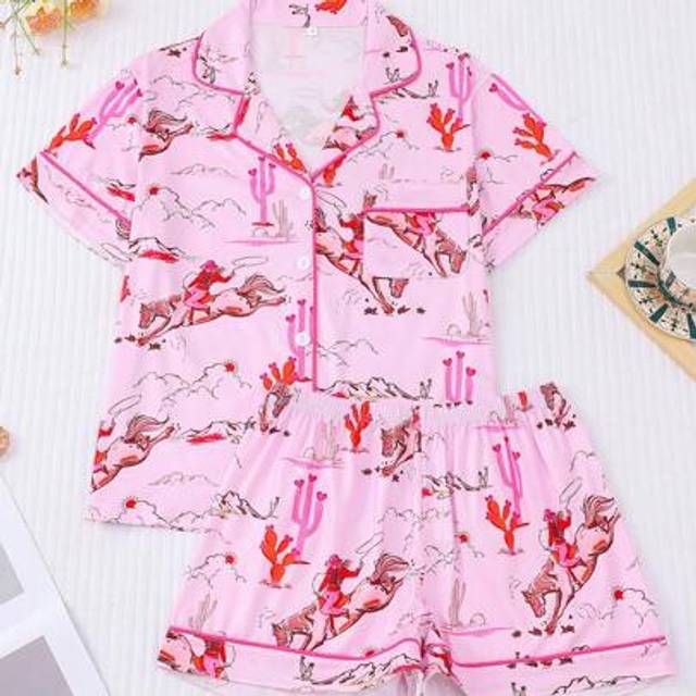 SHEIN 2pcs Women Western Cowgirl Riding Horse Digital Print Pajama Set, Short Sleeve Top Shorts, Spring And Summer, Turndown Collar, Button Up Casual Homewe