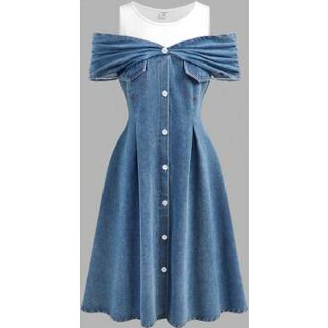 SHEIN Teenage Girls White Sleeveless V-Neck Ruched Denim Dress With Shoulder Cutouts 1pc Teenage Girls Solid Color Elastic Denim Open Shoulder Snug Fit Dres