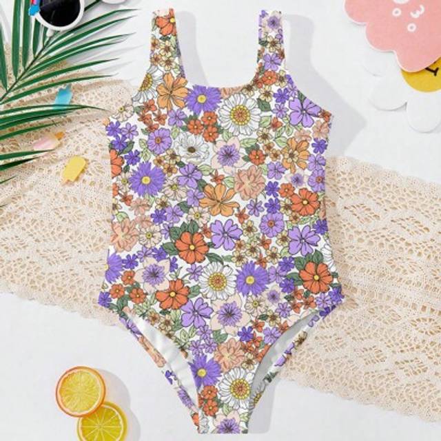 SHEIN Young Girls&#39; Casual Minimalist Bohemian Ditsy Floral One-Piece Swimsuit, Suitable For Summer