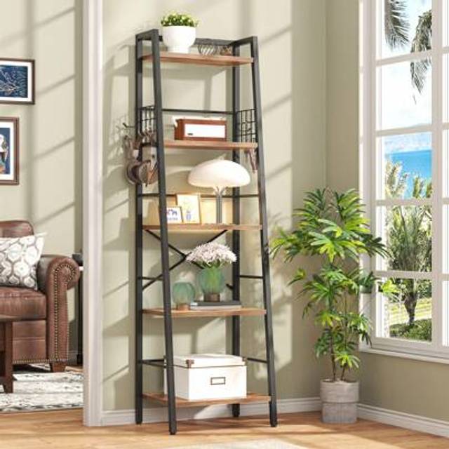 SHEIN 5 Tier Ladder Bookshelf, 140cm Tall Freestanding Storage Organiser Shelves, Steel Frame Industrial Bookshelf, Ladder Shelf Unit For Living Room, Offic