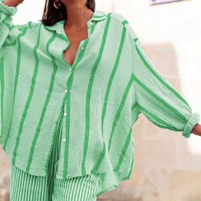 SHEIN 1pc Women&#39;s Casual Relaxed Fit Striped Button-Up Long Sleeve Shirt, Suitable For Spring, Summer, Fall Commuting, Daily Wear, Coffee Dates, Outdoor Par