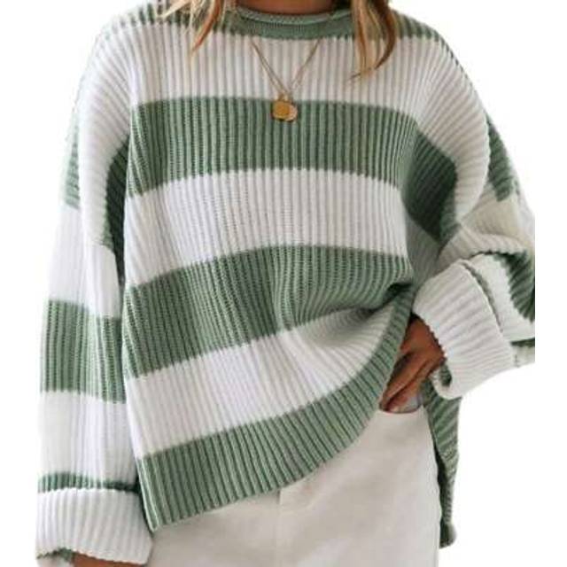 Flirla Plus Size Women Spring And Autumn Loose Round Neck Drop-Shoulder Long Sleeve Striped Casual Pullover Sweater, Winter