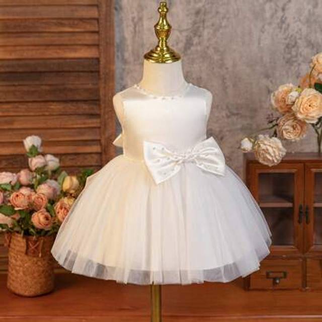 SHEIN Baby Girl White Satin Tulle Bridesmaid Dress, Wedding Flower Girl Dress, Toddler Birthday Party Dress With Handmade Rhinestone Bow