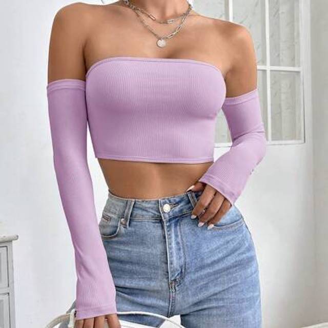SHEIN Solid Off Shoulder Crop Off Shoulder Top