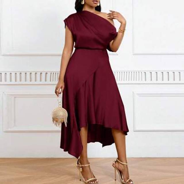 SHEIN Plus Size Asymmetric Hem Satin Formal Dress With Waist Cinching, Elegant Evening Gown,Summer Outfits For Women Women Casual Dress Women Dresses Birthd