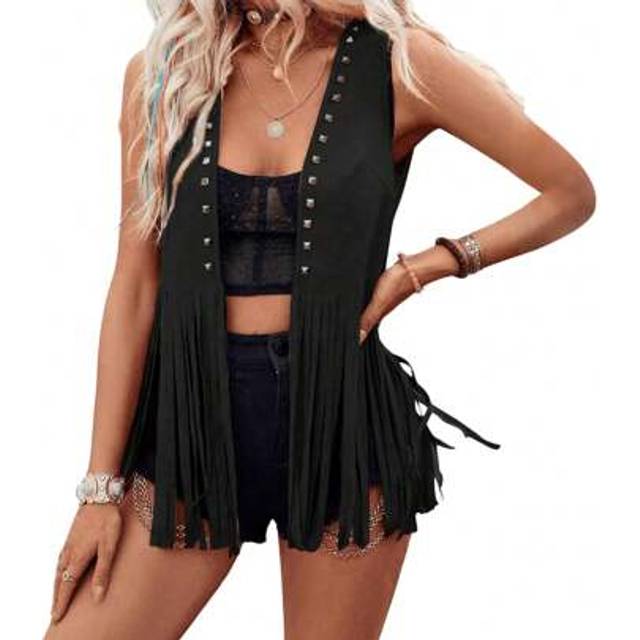 SHEIN Women Rivet Tassel Vest Open Front Sleeveless Faux Suede Vest Jacket Hippie Costumes
