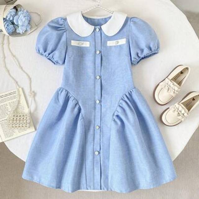 SHEIN Tween Girls&#39; Navy Blue Drawstring Waist Peter Pan Collar Puff Sleeve Fashion Dress For Summer