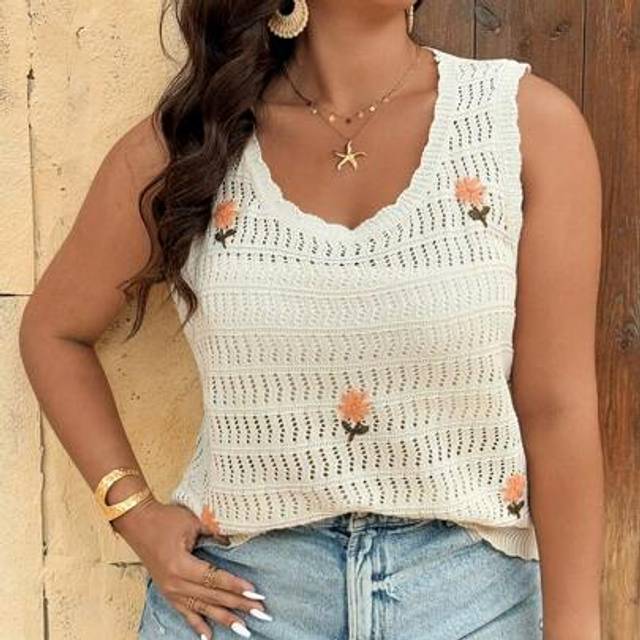SHEIN Plus Size Women Floral Applique V-Neck Sleeveless Casual Top Crochet Top Sheer Top Ibiza Outfits Butter Yellow See Through Top Scoop Neck Summer Outfi