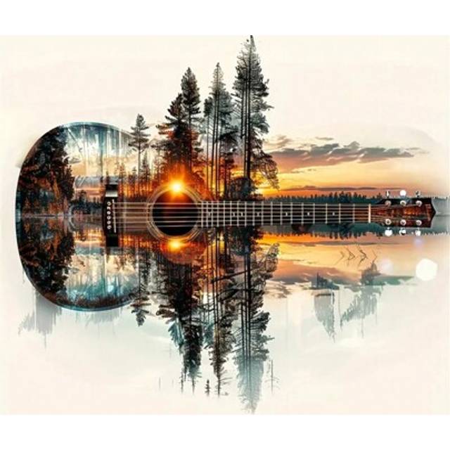 SHEIN 5D DIY Diamond Painting Kit - Round Acrylic Sunset Guitar & Forest Scenery - Full Drill Art Set For Home Decor, Craft Mosaic Gift For Family And Frien