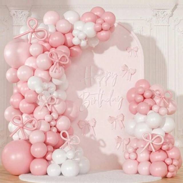 SHEIN 145Pcs Birthday Decorations Bow Pink And White Balloon Arch Kit Include Bow Balloon Light Pink White Bow Balloon For Pink Bow Birthday Party Decoratio