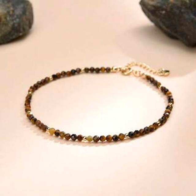 SHEIN 1pc Bohemian 18K Gold Plated Natural Tiger Eye Women Anklet