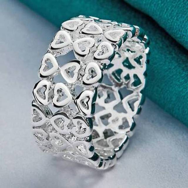 SHEIN 925 Sterling Silver Hollow Heart 7-10# Ring For Women Wedding Charm Engagement Fashion Jewelry