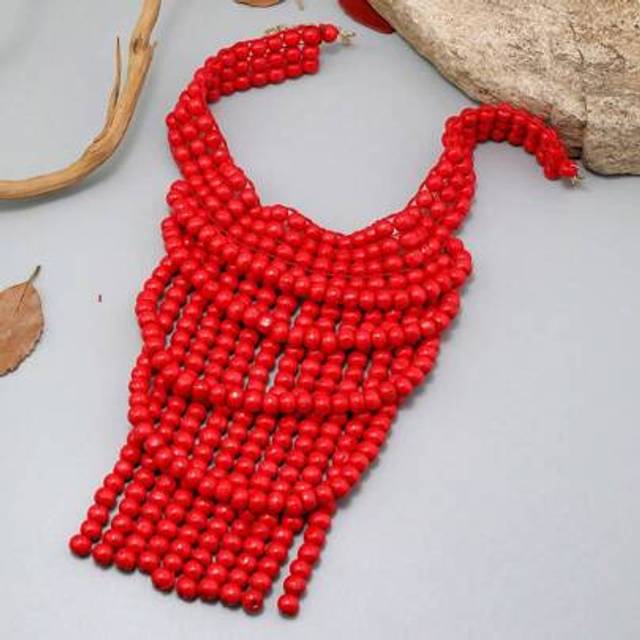 SHEIN Multi-Layer Beaded Tassel Necklace, Wooden Bead Choker Necklace