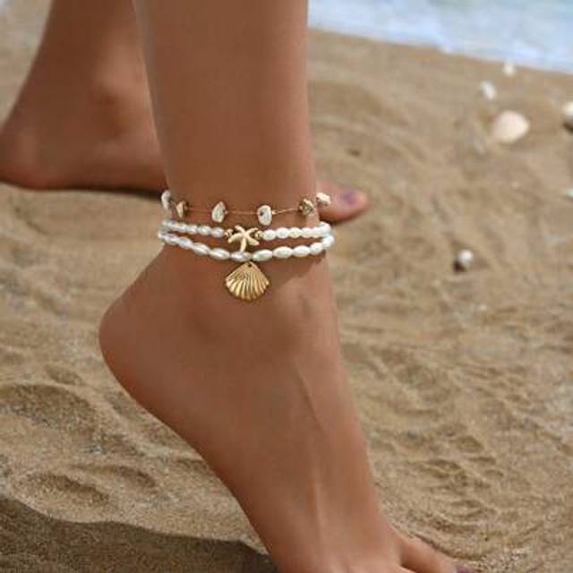 SHEIN 3pcs/Set Minimalist White Starfish Pearl Beaded Gold Seashell Stone Chain Anklet, Suitable For Daily Wear, Beach & Holiday