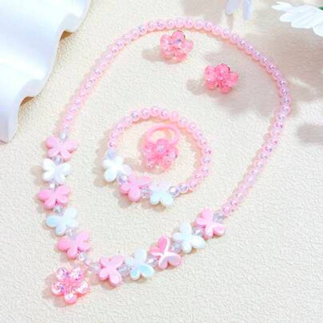 SHEIN 5pcs/Set Kids Butterfly & Flower Beaded Necklace, Bracelet, Earrings & Ring Jewelry Set, Random Color, Suitable For Parties, Birthdays, Gifts For Girl