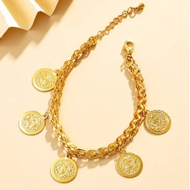 SHEIN 1pc Vintage Gold Coin Round Bracelet With Metal Phoenix Tail Chain, Arabia Suitable For Women To Wear Gifts On Daily Holidays