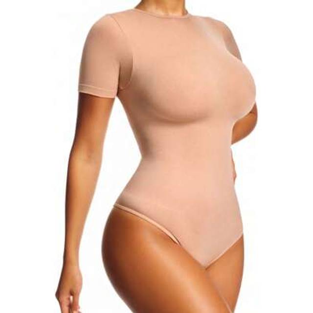 SHEIN Women&#39;s Seamless High Elasticity Bodysuit T-Shirt Shapewear - Micro Sculpting Waist Tummy Control Slimming Underwear With Polyamide & Elastane, Casual
