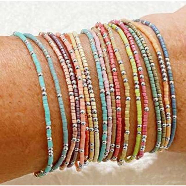 SHEIN 19pcs INS Ultra-Thin Stacking Color Glass Bead Elastic Bracelet, Handmade Bohemian Beaded Versatile Bracelet For Women (CCB Rice Bead Assorted)