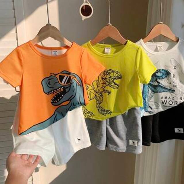 SHEIN 6pcs/Set Baby Boy Cute Casual Holiday Summer Dinosaur Cartoon Print Short Sleeve T-Shirt And Shorts 6 Pieces Set
