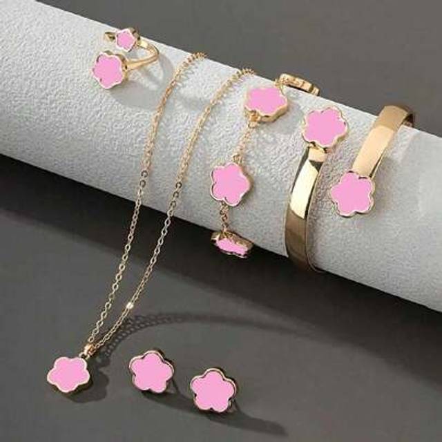 SHEIN 6pcs/Set Lucky 4-Leaf Clover Design Bracelet, Necklace, Earrings, Bangle And Ring Set