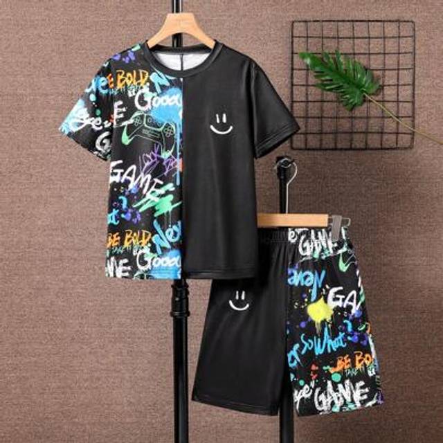 SHEIN 2pcs Tween Boys Casual Round Neck Short Sleeve T-Shirt & Shorts Set, Suitable For Summer Boys Outfit Sets Teen Summer Outfits For Teen Boys Summer Out