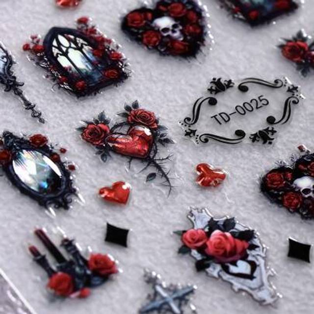 SHEIN 1pc 5D Nail Art Stickers, Soft Jelly Holographic Retro Gothic Skeleton Rose Self-Adhesive Nail Decals For Women&#39;s DIY Nail Art Supplies