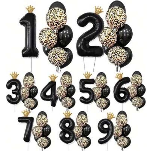 SHEIN 9/11pcs Black Crown & Numbers Balloons Set, Including 18-Inch Leopard Print Balloon & 10-Inch Black Balloon, Suitable For Birthday, Bridal Shower, Bac
