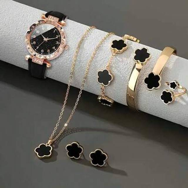 SHEIN 7pcs/Set Black Starry Sky Numeric Quartz Watch & 6pcs Lucky Flower Necklace, Bracelet, Ring, Earring Accessory Set, Gift Set For Mom, Valentine&#39;s Day,