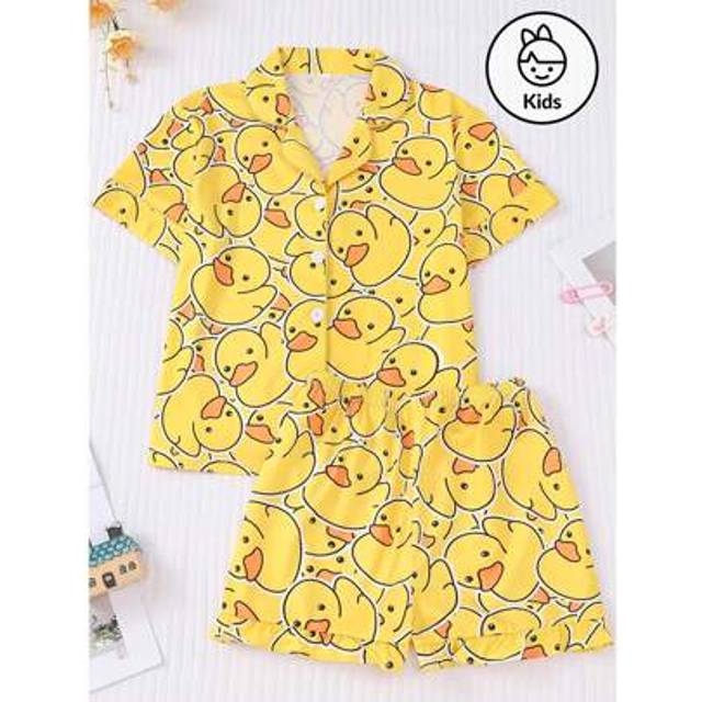 SHEIN Children Cardigan Yellow Pajamas Summer Short Sleeve Girls Thin Cute Little Duck Print New Set Homewear 2pcs Set