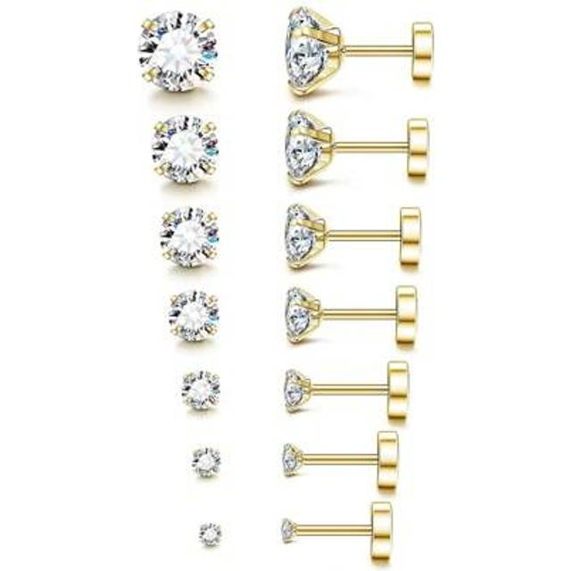 SHEIN 7 Pairs Flat Back Stud Earrings for Women, 14K  Plated Tiny Stud Earrings, Cubic Zirconia Cartilage Earring(2/3/4/5/6/7/8mm)