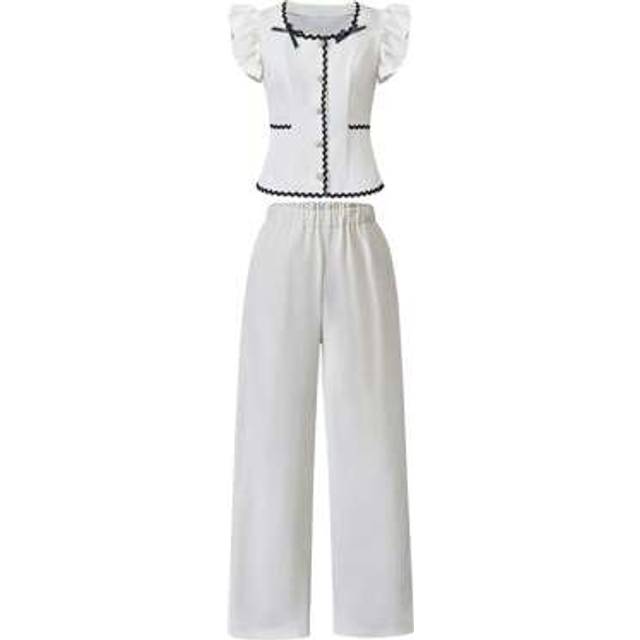 SHEIN 2pcs Set For Teens (Girls): Flounce Trim Cap Sleeve Crop Top With Bow Decor And Loose Pants