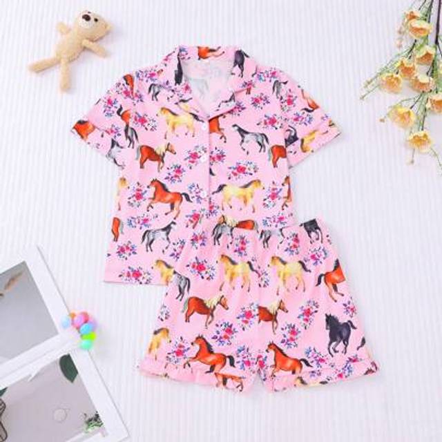 SHEIN 2pcs/Set Children Short Sleeve Pajamas, Lightweight Summer New Open Cardigan With Colorful Floral & Horse Print, Suitable For Girls Casual Wear & Slee