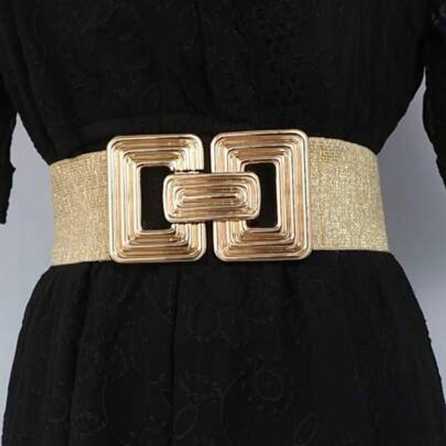 SHEIN European & American Fashion Gold Buckle Metallic Elastic Waist Belt, Versatile Solid Color Waistband Suitable For Skirt, Casual Bohemian Retro Palace