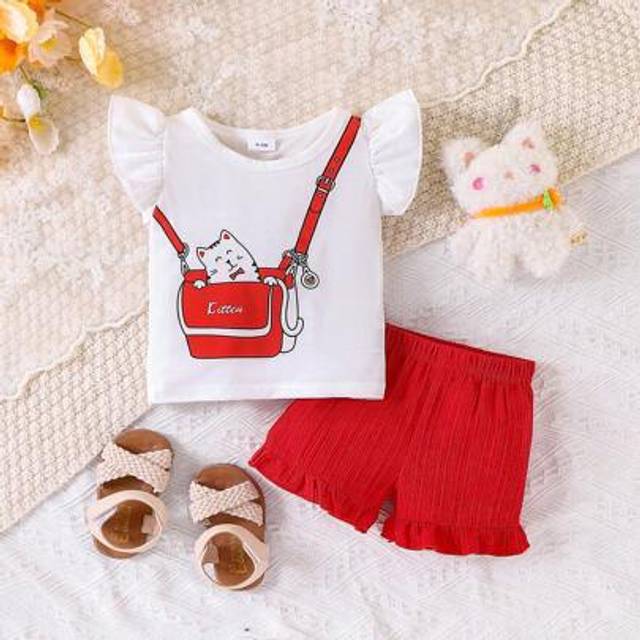 SHEIN 2pcs Girls Toddler Cute Cartoon Cat Cap Sleeve T-Shirt & Shorts Set