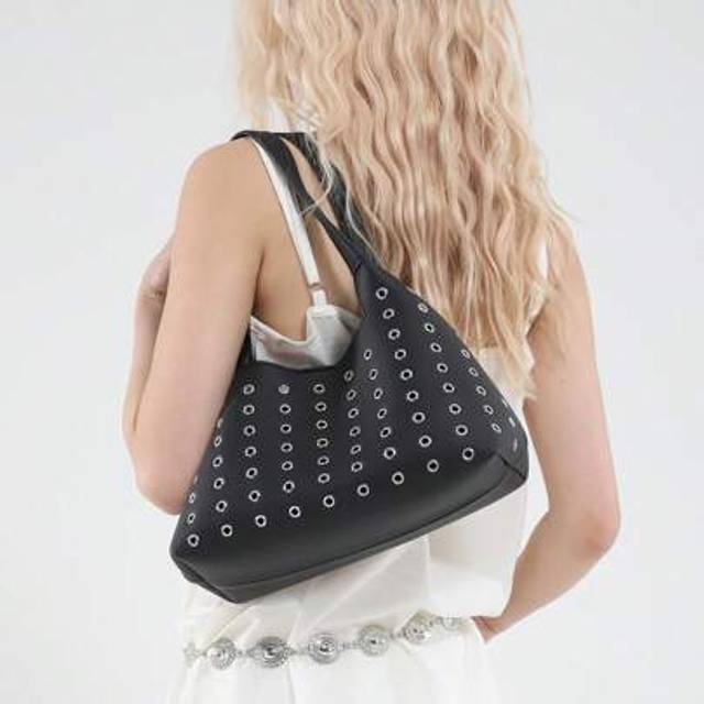 SHEIN Black Perforated Rivet Decor Shoulder Bag, Large Capacity Shoulder Bag, Faux Leather Crescent Moon Design, Suitable For Work, Casual, Outdoor, Travel,