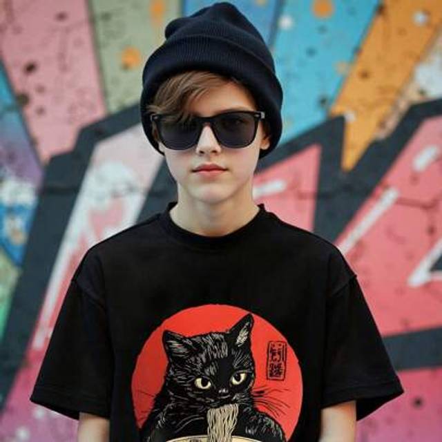 SHEIN Tween Boy Cartoon Ramen And Cat Print Crew Neck T-Shirts Summer Boy&#39;s Casual Tee Soft Tops