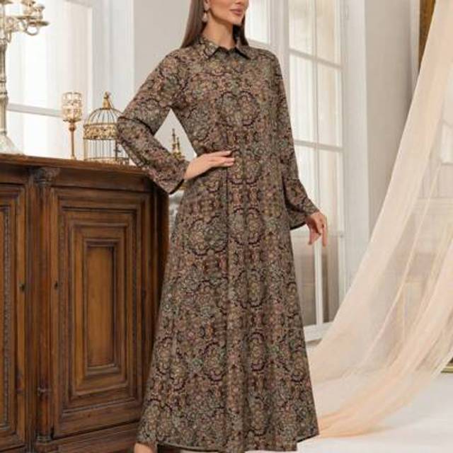 SHEIN Spring&Autumn Elegant Women Plus Size New Floral Print Maxi Dress Vacation Loose Ladies Allover Print Abayas Robe,Modest