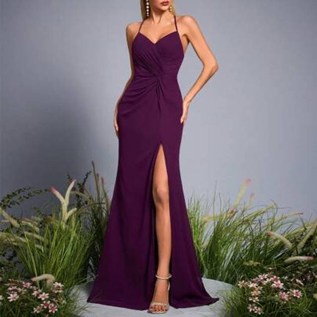 SHEIN Mgiacy New Arrival Tank Romantic Bridesmaid Dress Ruched High Slit Chiffon Long Dress