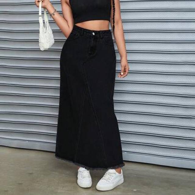 SHEIN Denim A-Line Midi Skirt, Casual & Fashionable Everyday Wear