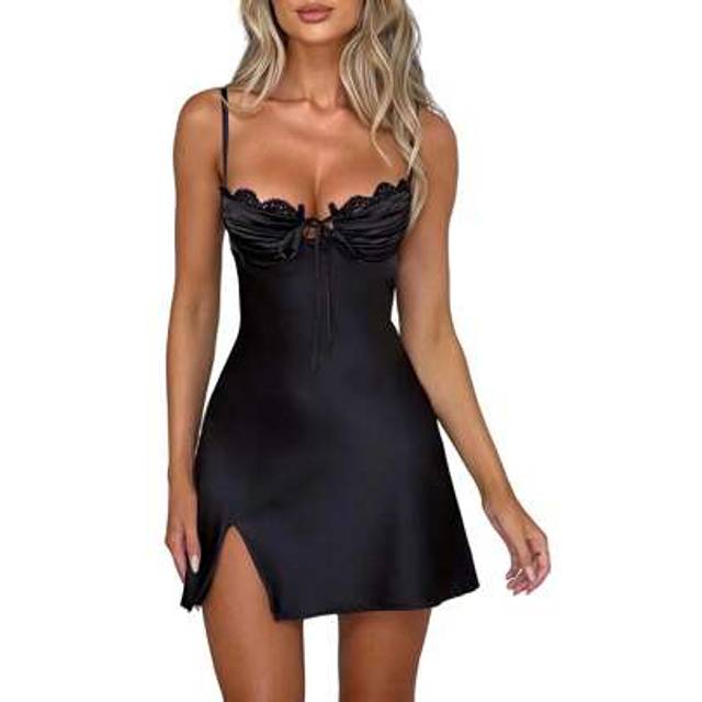 SHEIN Womens Summer Short Skinny Sling Dress Sleeveless Backless Lace Trim Tie Up Dress