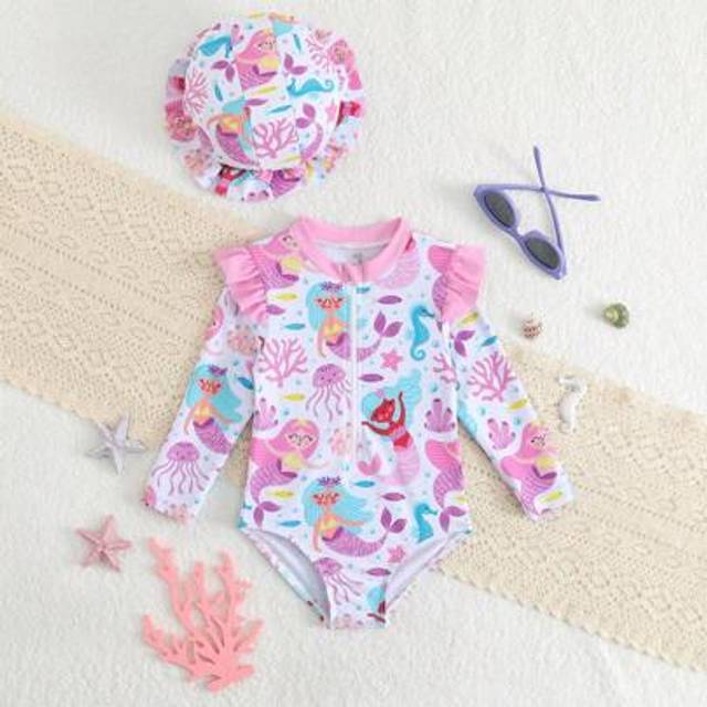 SHEIN Baby Girl Cartoon Mermaid Print Ruffle Edge Long Sleeve Cute Beach One-Piece Swimsuit