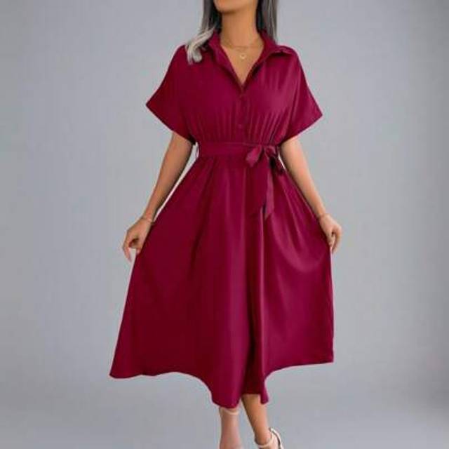 SHEIN New Spring/Summer Polo Collar Casual Loose Solid Color Drawstring Buttoned Short Sleeve Midi Dress, Wine Red