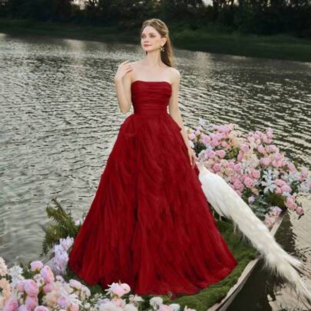 SHEIN Romantic Strapless Wedding Dress Bridal Gown With Layered Ruffled Tulle Dress & A-Line Silhouette - Perfect For Classic Weddings, Graduation Dress, Ev