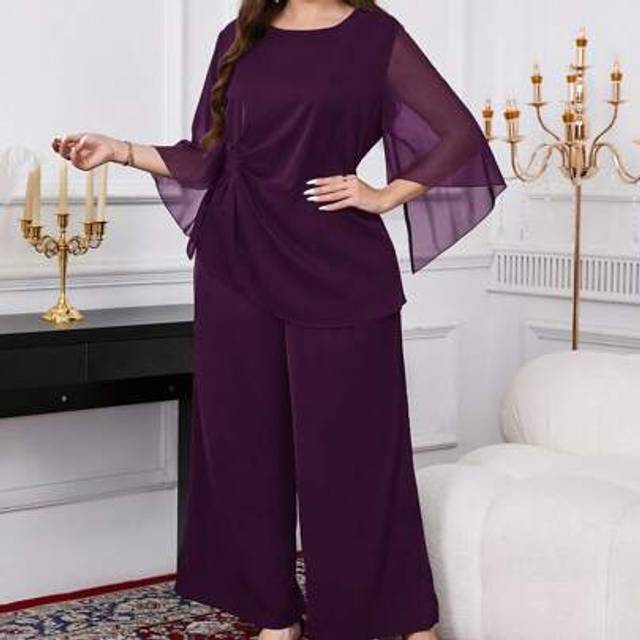 SHEIN Plus Size Women Solid Color Waist Ruched Flare Sleeve Shirt And Wide Leg Pants 2 Pieces Set,Summer Outfits For Women,Business Casual Woman