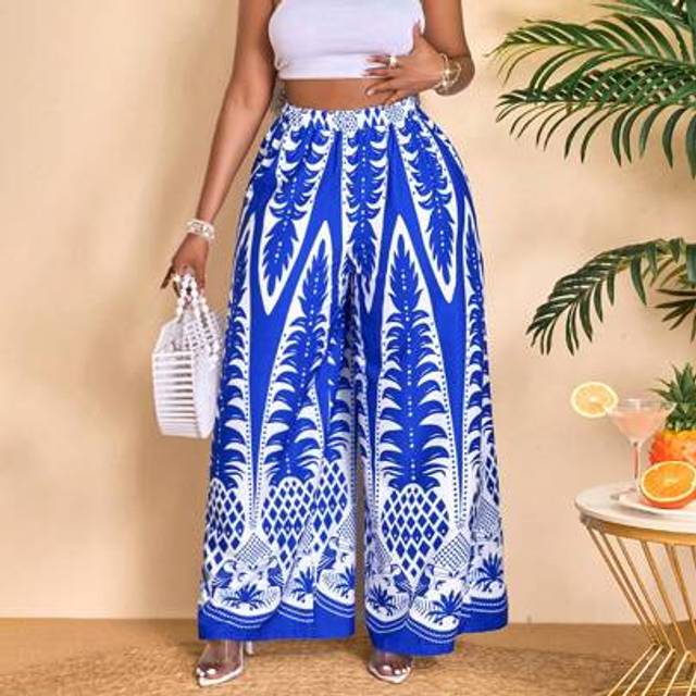 SHEIN Women&#39;s Plus Size Summer Beach Style Retro Print Wide-Leg Pants (Positioning Retro Print), Suitable For Daily Outings, Vacation Leisure