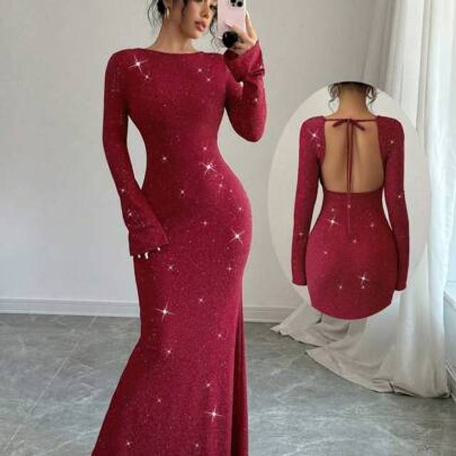 abyoxi Red Color Sexy Backless Long Bell Sleeve Slim Fit Mermaid Hem Elegant Maxi Dress With Flash Sequins,Party,Wedding,Dating,Spring And Summer New, Weddin